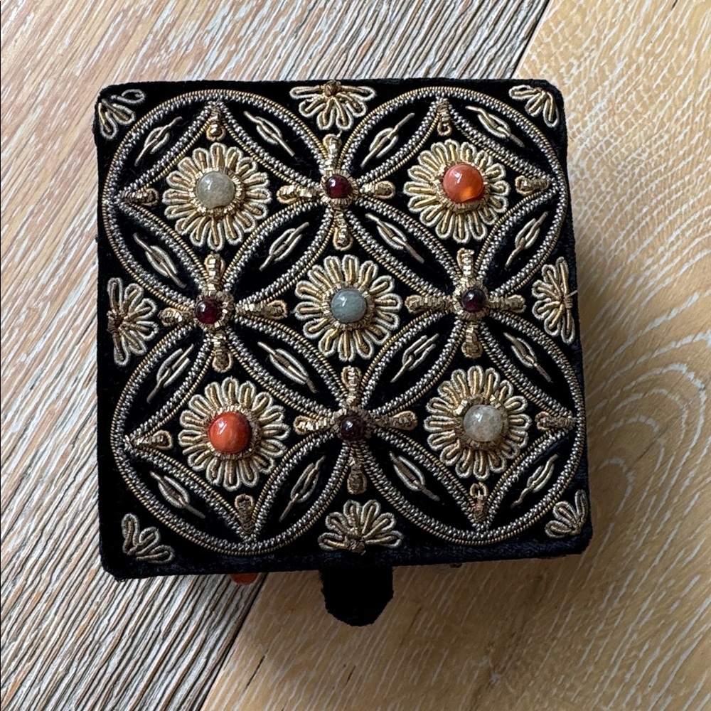 Vintage 1970s Embroidered Jewelry Box Handmade India Velvet Beaded Trinket Case